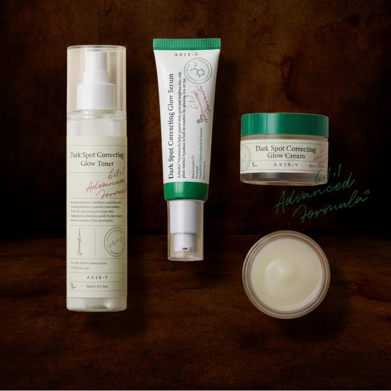 Skincare products with text 'Unveil your GLOW